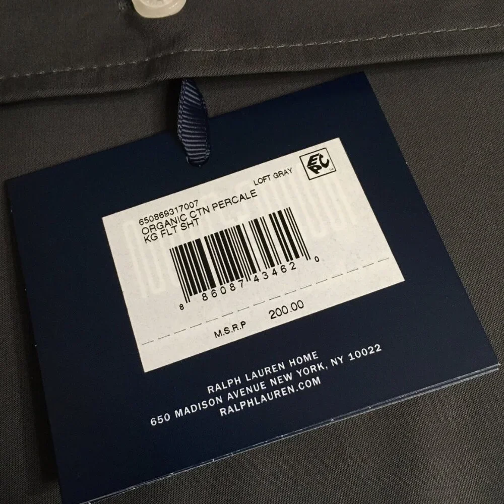 RALPH LAUREN RL Organic Cotton Percale KING FLAT SHEET ONLY in Loft Gray $200